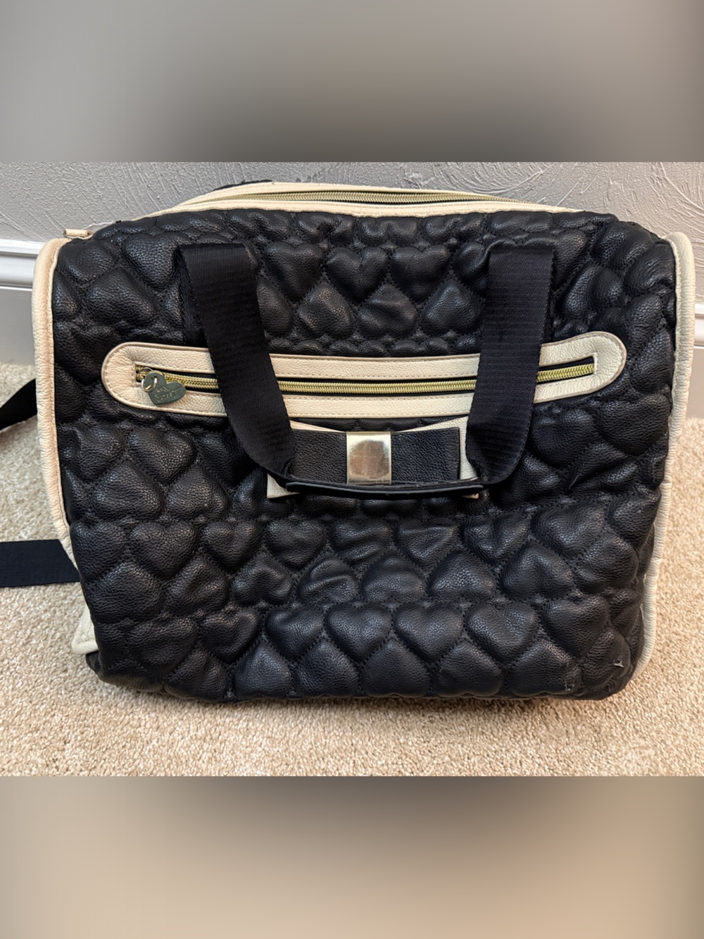 Betsey Johnson Black and Cream Quilted Heart Travel Bag